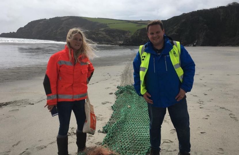 Cllr James Mustoe and Keep Britain Tidy Ambassador Toni Dowrick at Pentewan